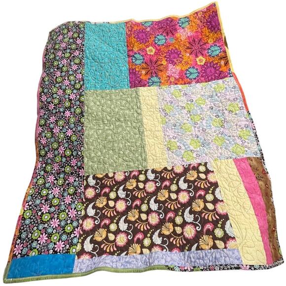 Handmade Patchwork Quilt Log Cabin Pattern Colorful Fabric Artisan Made 41 x 34 - Picture 5 of 7